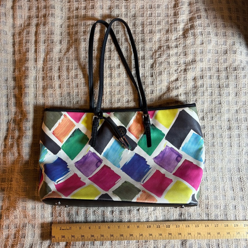 Christian Lacroix Colorful Checkered Tote with Black Handles
